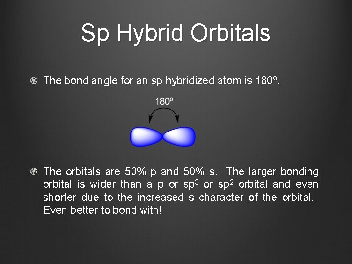 Sp Hybrid Orbitals The bond angle for an sp hybridized atom is 180º. The