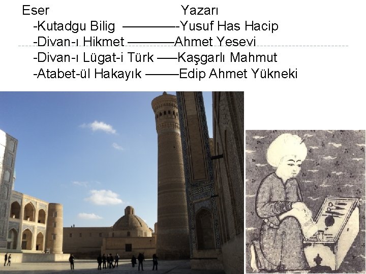 Eser Yazarı Kutadgu Bilig ———— Yusuf Has Hacip Divan ı Hikmet ———–Ahmet Yesevi Divan