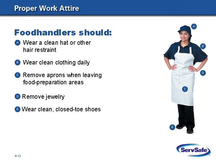 A Foodhandlers should: A B C Wear a clean hat or other hair restraint