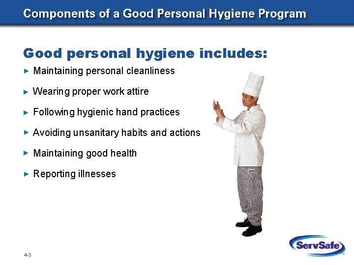 Good personal hygiene includes: Maintaining personal cleanliness Wearing proper work attire Following hygienic hand