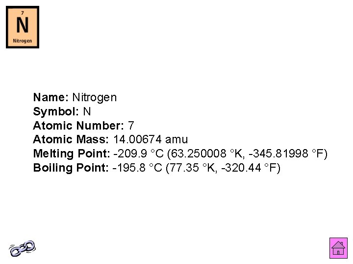 Name: Nitrogen Symbol: N Atomic Number: 7 Atomic Mass: 14. 00674 amu Melting Point: