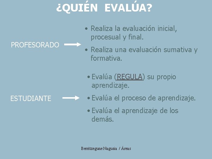 ¿QUIÉN EVALÚA? PROFESORADO • Realiza la evaluación inicial, procesual y final. • Realiza una