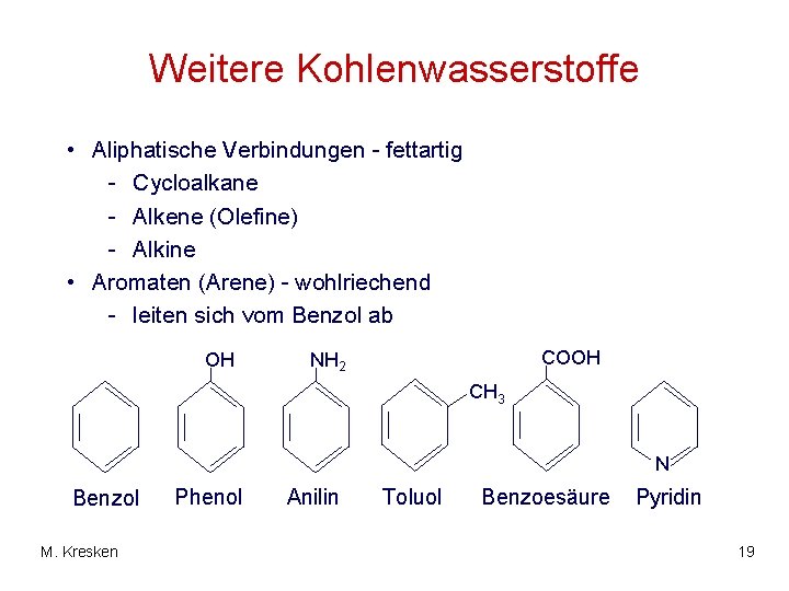 Weitere Kohlenwasserstoffe • Aliphatische Verbindungen - fettartig - Cycloalkane - Alkene (Olefine) - Alkine
