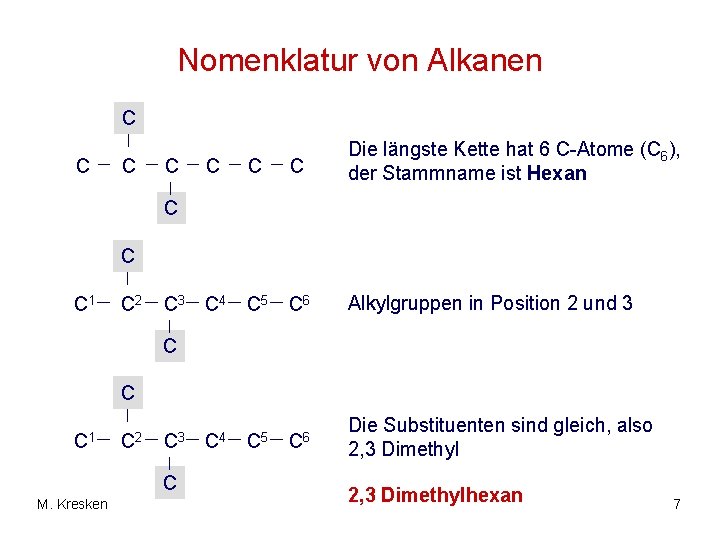 Nomenklatur von Alkanen C C C C Die längste Kette hat 6 C-Atome (C