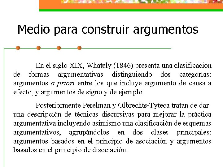 Medio para construir argumentos En el siglo XIX, Whately (1846) presenta una clasificación de