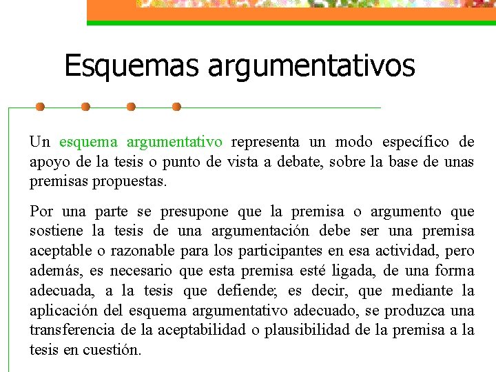 Esquemas argumentativos Un esquema argumentativo representa un modo específico de apoyo de la tesis