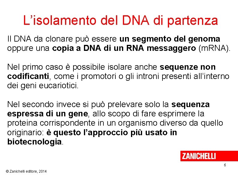 L’isolamento del DNA di partenza Il DNA da clonare può essere un segmento del