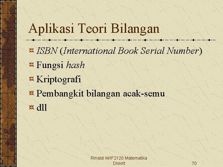 Aplikasi Teori Bilangan ISBN (International Book Serial Number) Fungsi hash Kriptografi Pembangkit bilangan acak-semu