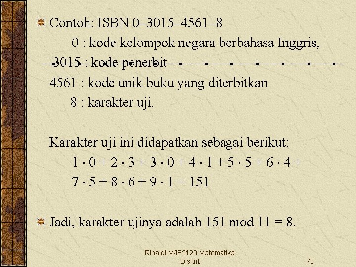 Contoh: ISBN 0– 3015– 4561– 8 0 : kode kelompok negara berbahasa Inggris, 3015