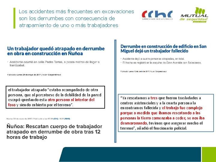 Los accidentes más frecuentes en excavaciones son los derrumbes consecuencia de atrapamiento de uno