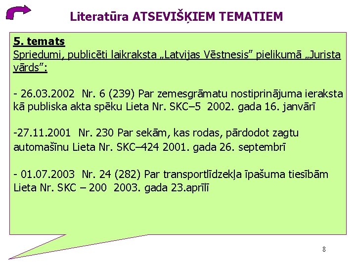 Literatūra ATSEVIŠĶIEM TEMATIEM 5. temats Spriedumi, publicēti laikraksta „Latvijas Vēstnesis” pielikumā „Jurista vārds”: -