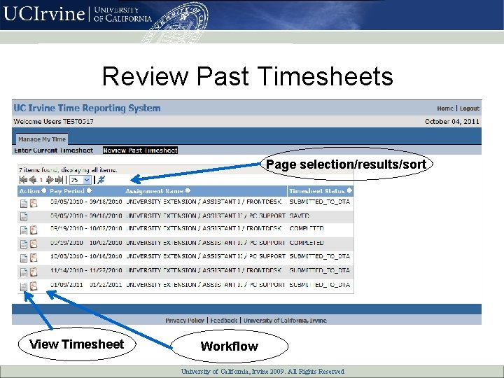 Review Past Timesheets Page selection/results/sort View Timesheet Workflow University of California, All Rights Reserved