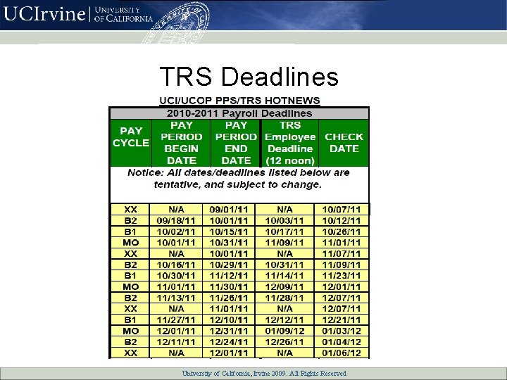 TRS Deadlines University of California, All Rights Reserved University of California, Irvine 2007. 2009.