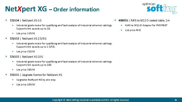 Net. Xpert XG – Order information § 400926 | RJ 45 to M 12