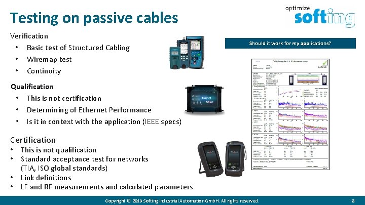 Testing on passive cables Verification • Basic test of Structured Cabling • Wiremap test
