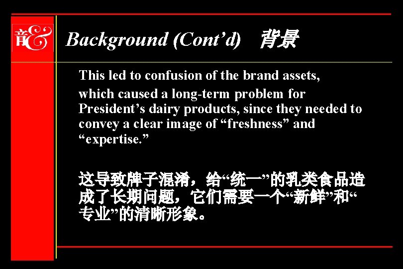 Background (Cont’d) 背景 This led to confusion of the brand assets, which caused a