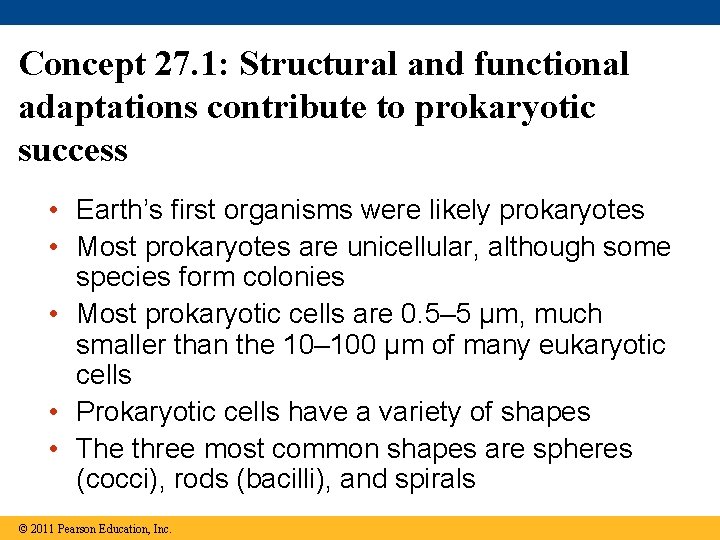 Concept 27. 1: Structural and functional adaptations contribute to prokaryotic success • Earth’s first