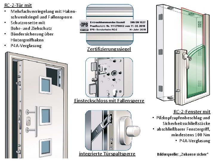 RC-2 -Tür mit • • Mehrfachverriegelung mit Hakenschwenkriegel und Fallensperre Schutzrosette mit Bohr- und