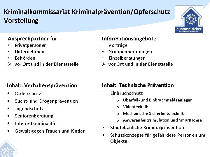 Kriminalkommissariat Kriminalprävention/Opferschutz Vorstellung Ansprechpartner für Informationsangebote • • • Ø Privatpersonen Unternehmen Behörden vor