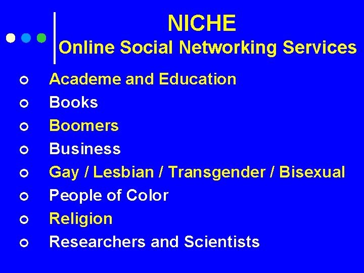 NICHE Online Social Networking Services ¢ ¢ ¢ ¢ Academe and Education Books Boomers