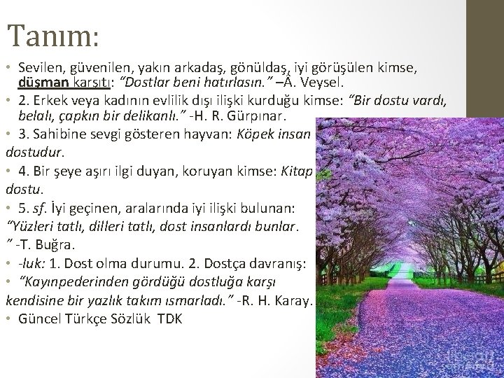 Tanım: • Sevilen, güvenilen, yakın arkadaş, gönüldaş, iyi görüşülen kimse, düşman karşıtı: “Dostlar beni