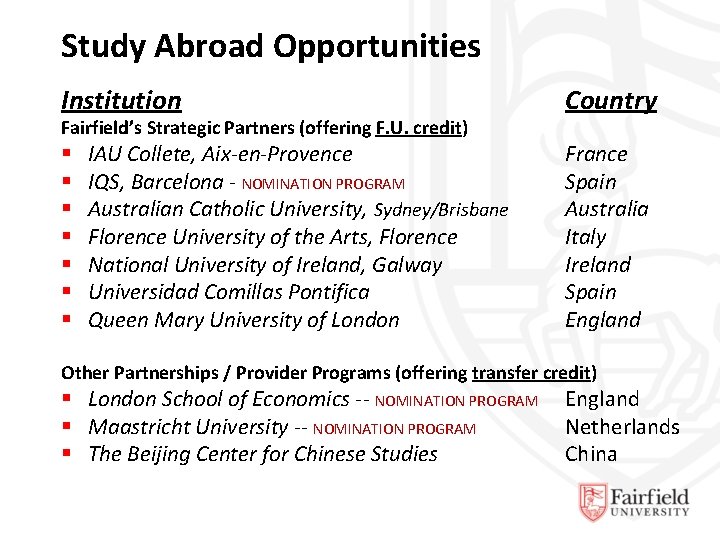 Study Abroad Opportunities Institution Fairfield’s Strategic Partners (offering F. U. credit) § § §