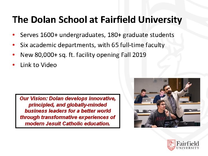 The Dolan School at Fairfield University • • Serves 1600+ undergraduates, 180+ graduate students