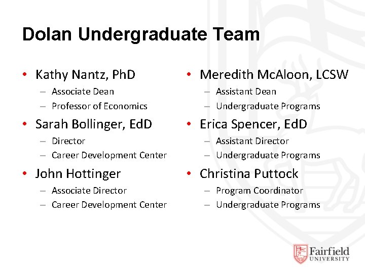 Dolan Undergraduate Team • Kathy Nantz, Ph. D – Associate Dean – Professor of