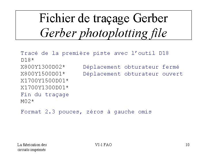 Fichier de traçage Gerber photoplotting file Tracé de la première piste avec l’outil D