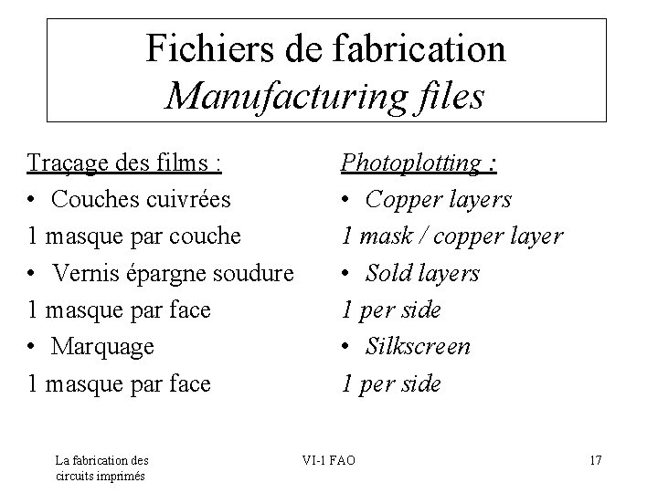 Fichiers de fabrication Manufacturing files Traçage des films : • Couches cuivrées 1 masque