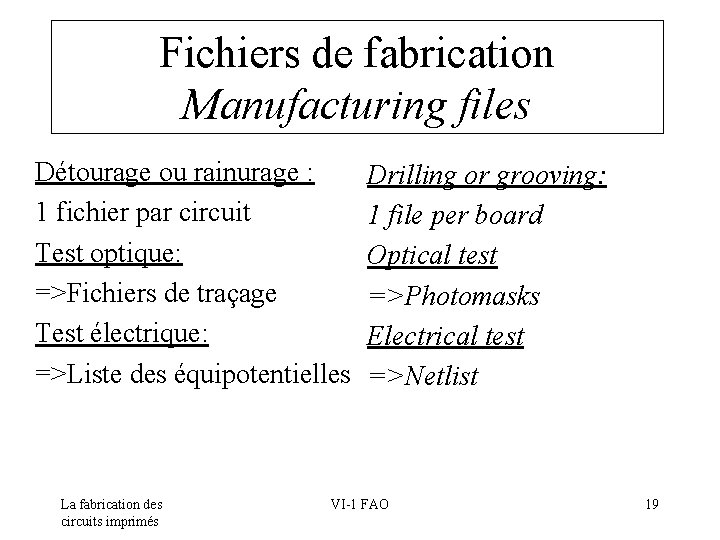 Fichiers de fabrication Manufacturing files Détourage ou rainurage : 1 fichier par circuit Test