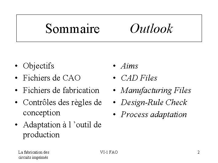 Sommaire Outlook • • Objectifs Fichiers de CAO Fichiers de fabrication Contrôles des règles