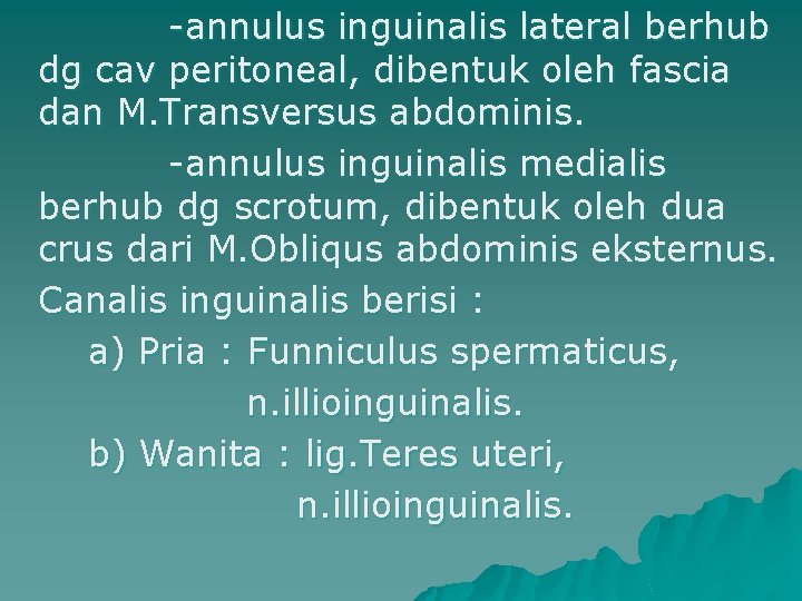 -annulus inguinalis lateral berhub dg cav peritoneal, dibentuk oleh fascia dan M. Transversus abdominis.