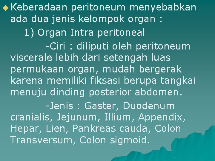 u Keberadaan peritoneum menyebabkan ada dua jenis kelompok organ : 1) Organ Intra peritoneal