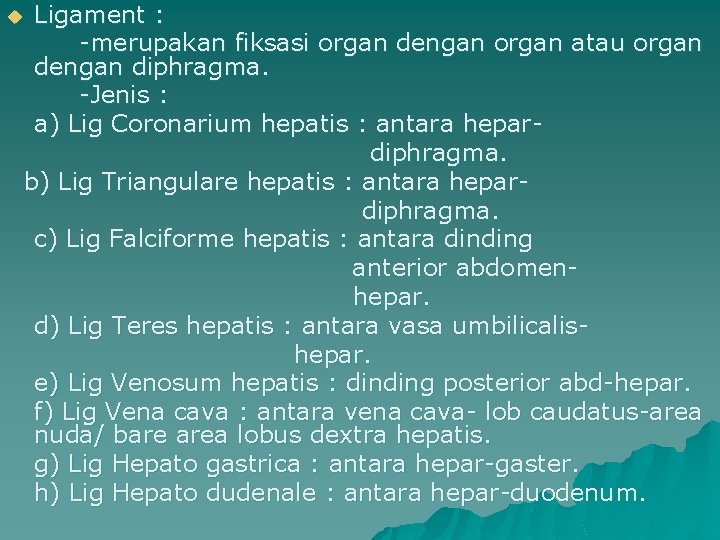 Ligament : -merupakan fiksasi organ dengan organ atau organ dengan diphragma. -Jenis : a)