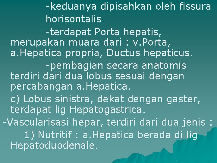 -keduanya dipisahkan oleh fissura horisontalis -terdapat Porta hepatis, merupakan muara dari : v. Porta,