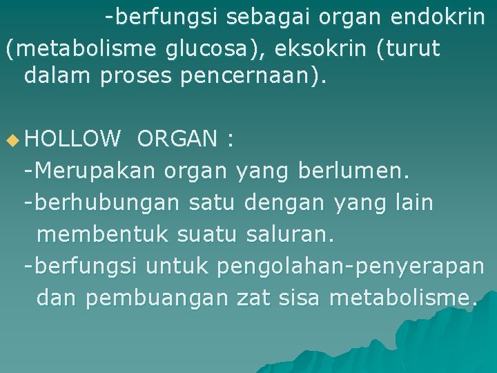 -berfungsi sebagai organ endokrin (metabolisme glucosa), eksokrin (turut dalam proses pencernaan). u HOLLOW ORGAN