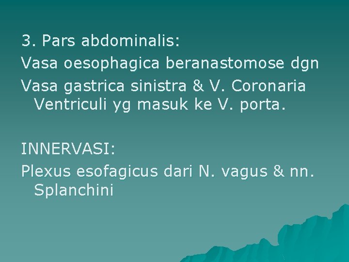 3. Pars abdominalis: Vasa oesophagica beranastomose dgn Vasa gastrica sinistra & V. Coronaria Ventriculi