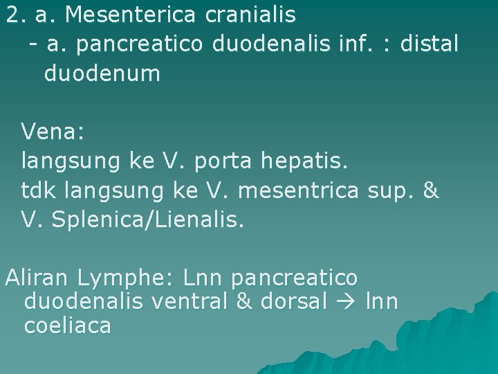2. a. Mesenterica cranialis - a. pancreatico duodenalis inf. : distal duodenum Vena: langsung