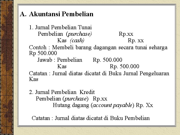 A. Akuntansi Pembelian 1. Jurnal Pembelian Tunai Pembelian (purchase) Rp. xx Kas (cash) Rp.