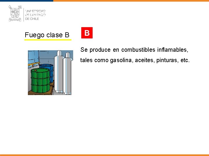 Clases de Fuego (NCh-934) Fuego clase B Se produce en combustibles inflamables, tales como