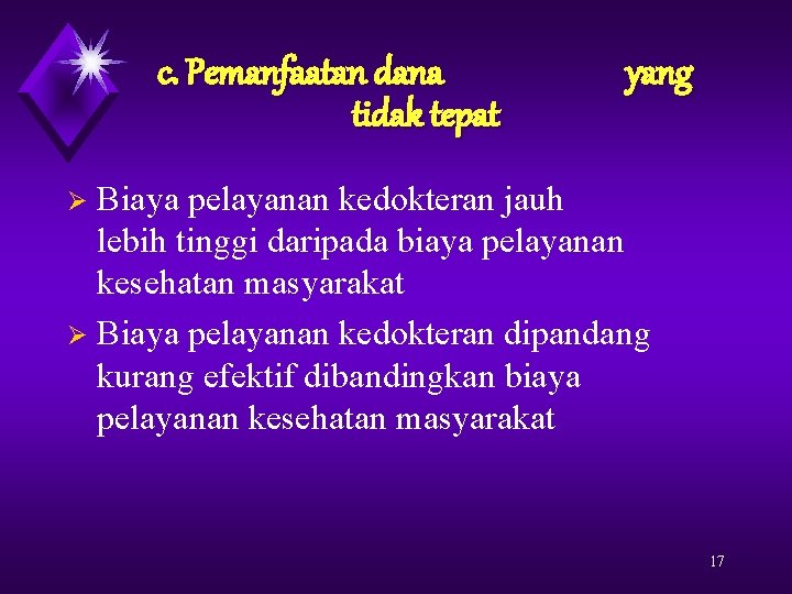 c. Pemanfaatan dana tidak tepat yang Biaya pelayanan kedokteran jauh lebih tinggi daripada biaya