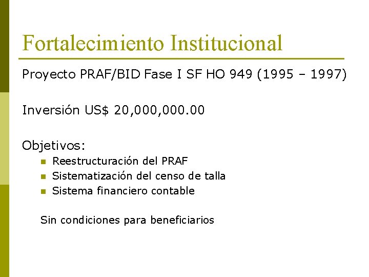Fortalecimiento Institucional Proyecto PRAF/BID Fase I SF HO 949 (1995 – 1997) Inversión US$