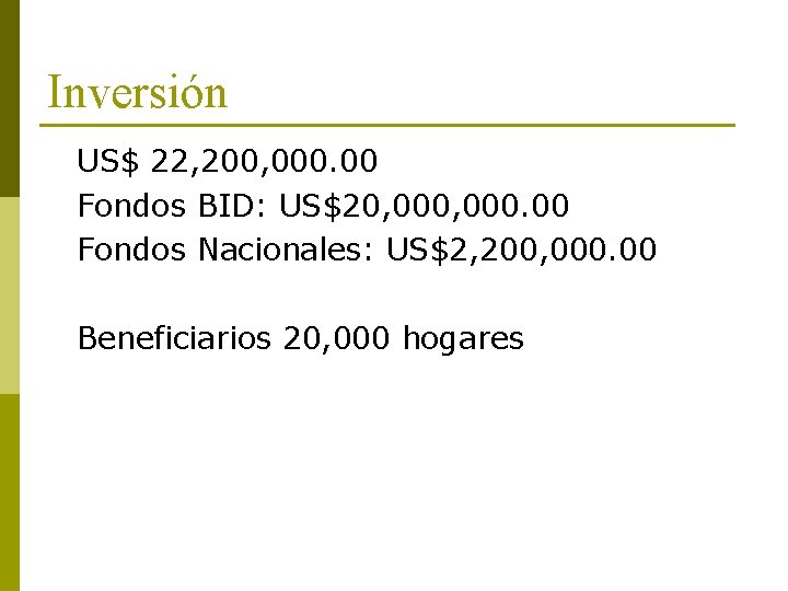 Inversión US$ 22, 200, 000. 00 Fondos BID: US$20, 000. 00 Fondos Nacionales: US$2,