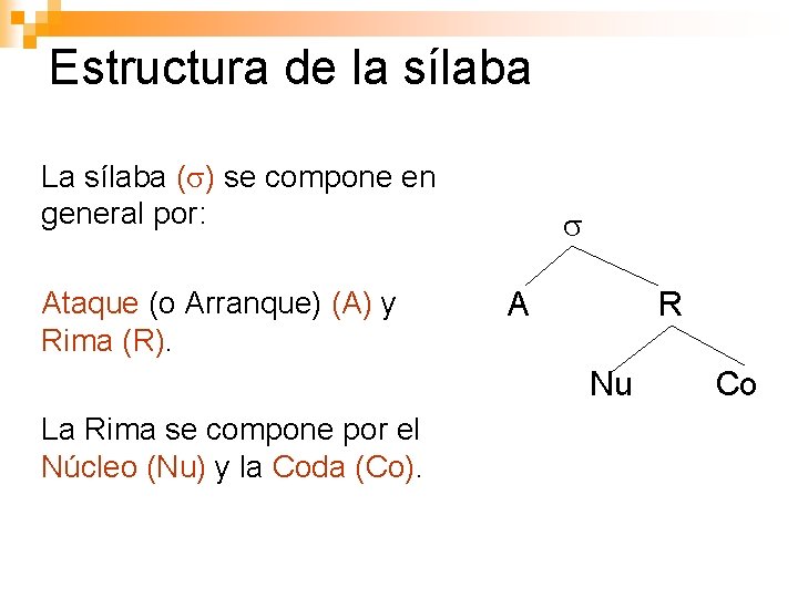 Estructura de la sílaba La sílaba ( ) se compone en general por: Ataque