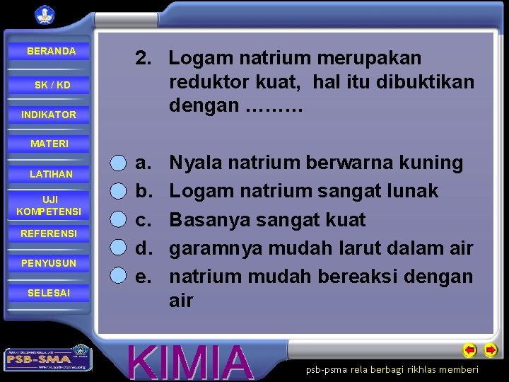 BERANDA SK / KD INDIKATOR 2. Logam natrium merupakan reduktor kuat, hal itu dibuktikan