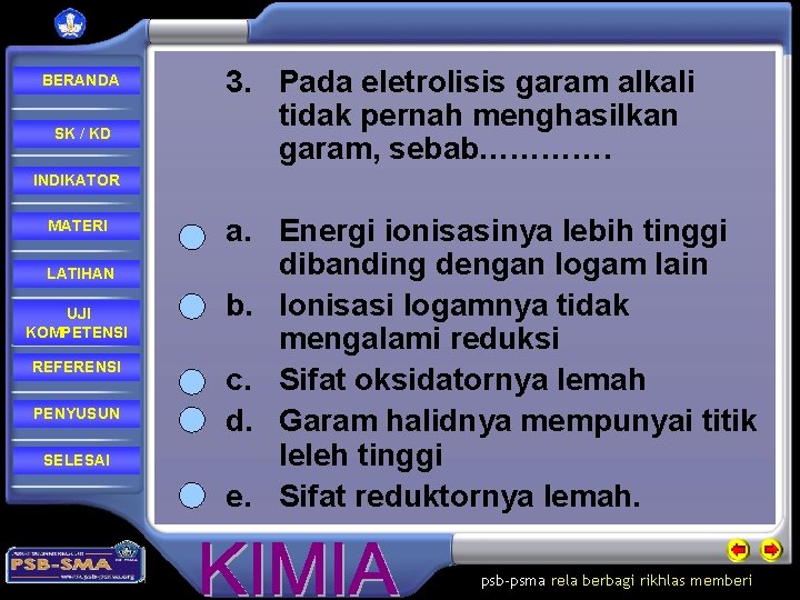 BERANDA SK / KD 3. Pada eletrolisis garam alkali tidak pernah menghasilkan garam, sebab………….