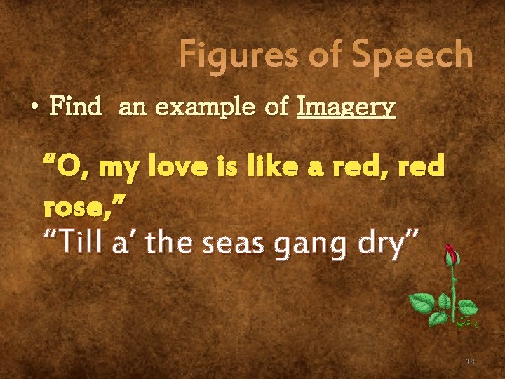 Figures of Speech • Find an example of Imagery “ O, my love is