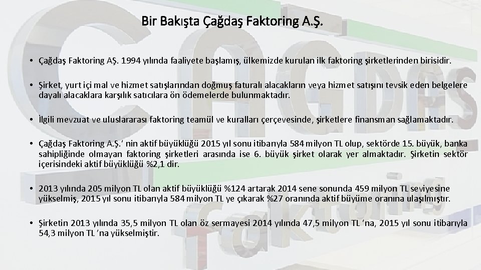 Bir Bakışta Çağdaş Faktoring A. Ş. • Çağdaş Faktoring AŞ. 1994 yılında faaliyete başlamış,