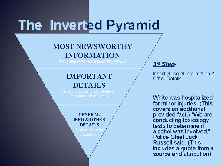 The Inverted Pyramid MOST NEWSWORTHY INFORMATION Who? What? When? Where? Why? How? IMPORTANT DETAILS